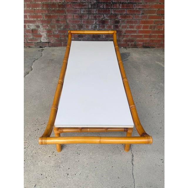 Ficks Reed Vintage John Wisner for Ficks Reed Style Pagoda Rattan Low Coffee Table / Bench For Sale - Image 4 of 11