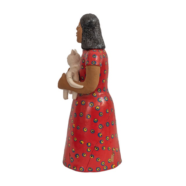 Traditional Vintage Brazilian Folk Art Hand-Painted Clay Sculpture "Woman With Cat" For Sale - Image 3 of 5