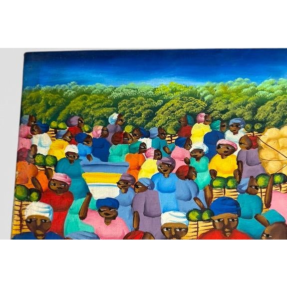 Vintage Haitian Folk Art Market Scene Oil Painting Signed F. Ambroise For Sale - Image 4 of 8