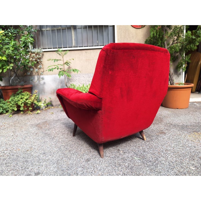 Model 830 Armchair in Red Fabric by Gianfranco Frattini for Cassina, 1950s, in Worn conditions. Designed 1960 to 1969 I...