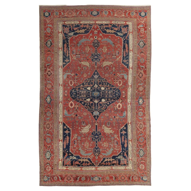 Antique Persian Serapi Carpet, Handmade Wool Oriental Rug, Rust, Ivory and Blue For Sale - Image 18 of 18