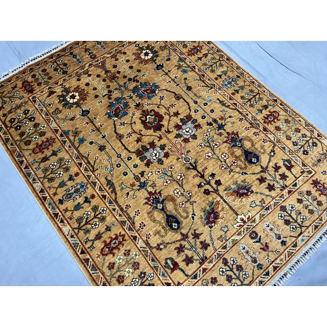 Persian Style Sultani Floral Wool Rug in Golden Beige, Burgundy and Blue, 5'2" X 6'6" For Sale - Image 4 of 17
