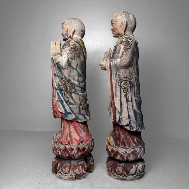 Large Polychrome Wooden Temple Figures on Lotus Bases, Korea, 19th Century, Set of 2 For Sale - Image 17 of 18