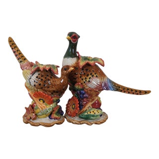 1960s Fitz & Floyd Autumn Bounty Pheasant Bird Thanksgiving Candle Holders - Set of 2 For Sale