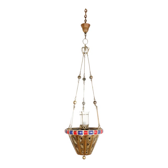 Spanish Revival Brass Pendant With Red & Blue Enamel Detailing For Sale