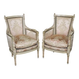 Pair of French Louis XVI Style Paint Decorated Bergère Chairs by Maison Jansen For Sale