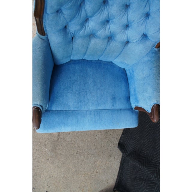 Antique French Blue Velvet Tufted Fauteuil Walnut Wingback Parlor Armchair For Sale - Image 11 of 12
