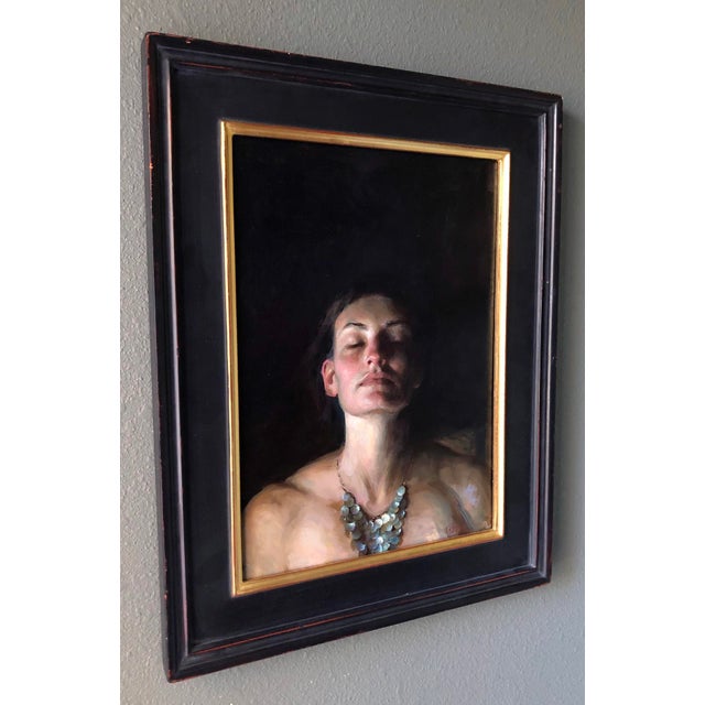 Contemporary Glow by Karen Offutt | Oil on Panel Portrait of a Woman with Closed Eyes and Necklace For Sale - Image 3 of 3