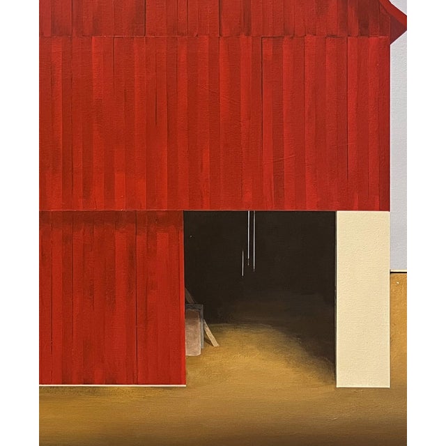 Old Red by Justin Wheatley | Acrylic on Canvas Red Barn With Ochre Field For Sale - Image 4 of 10