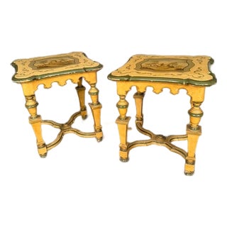 Pair of French Louis XVI Style Polychrome Side Tables With Painted Country Manor Tops, Circa 1920 For Sale