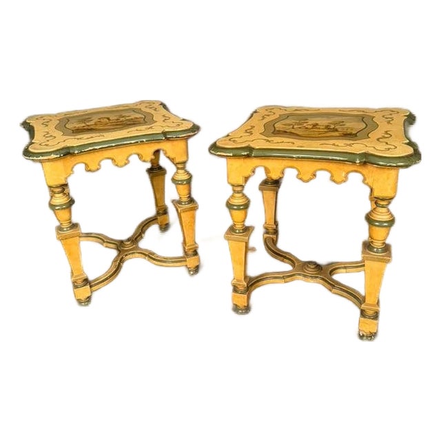 Pair of French Louis XVI Style Polychrome Side Tables With Painted Country Manor Tops, Circa 1920 For Sale
