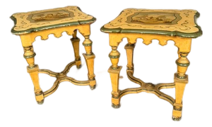 Pair of French Louis XVI Style Polychrome Side Tables With Painted Country Manor Tops, Circa 1920