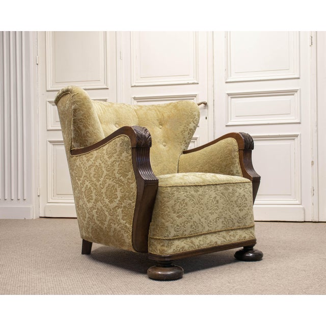 Vintage Swedish Wingback Chair with Golden Velvet and Carved Oak Armrests, 1920s For Sale - Image 12 of 12