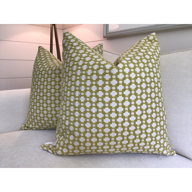 Schumacher Schumacher Betwixt Chartreuse & White Down Filled Pillows- a Pair For Sale - Image 4 of 4