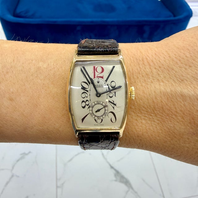 Antique Art-Deco Rolex 26mmx38mm Tonneau Sub Seconds Arabic 9k Gold Manual Watch For Sale - Image 12 of 12