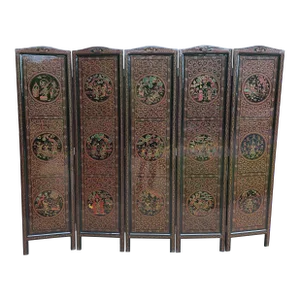 Chinese Double Sided Black Lacquered and Decorated 5 Fold Floor Screen