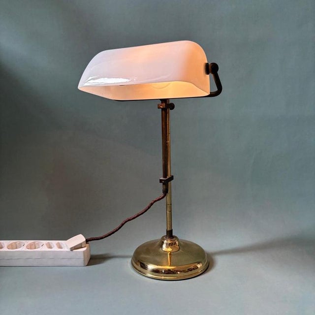 Vintage Bankers Lamp with White Glass Lampshade For Sale - Image 9 of 9