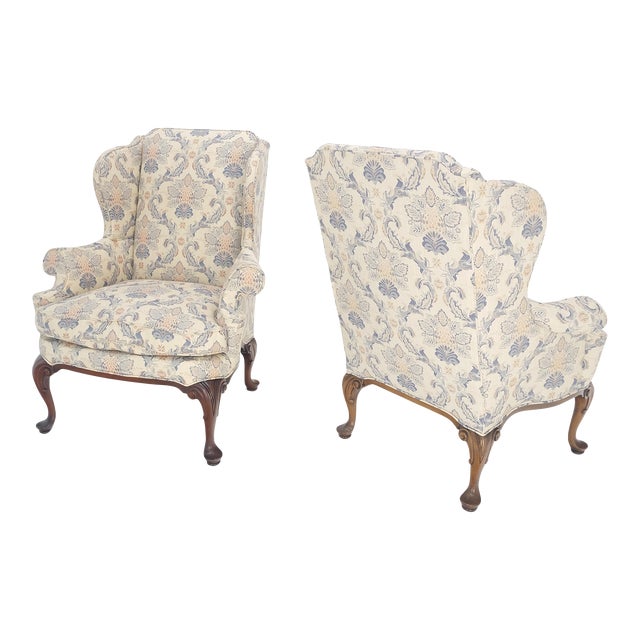Queen Ann Carved Walnut Bases Blue & White Upholstery Arm Chairs - A Pair For Sale