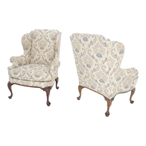 Queen Ann Carved Walnut Bases Blue & White Upholstery Arm Chairs - A Pair