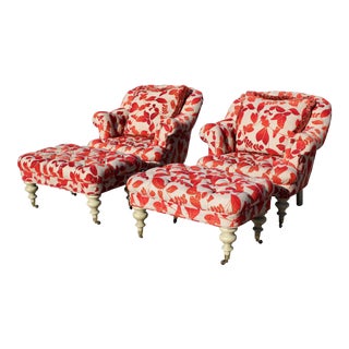 Pair of Possibly George Smith Late 20th Century Contemporary Club Chairs & Ottomans - 4 Pieces For Sale
