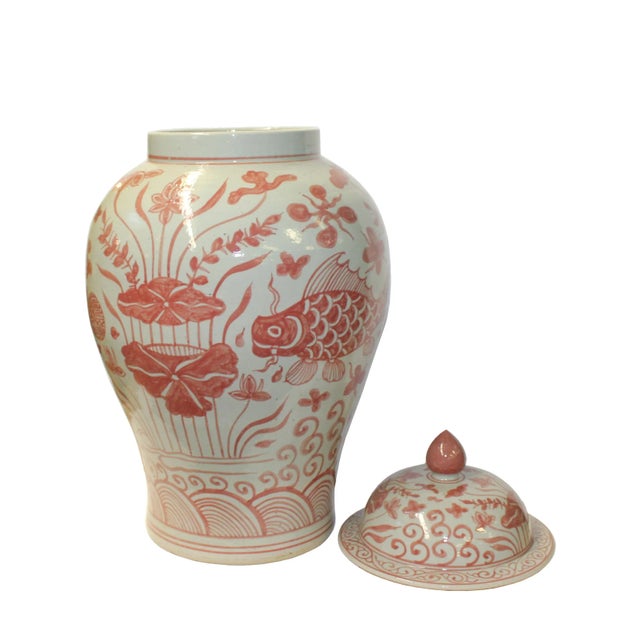 Pink Orange Off White Flowers Fishes Graphic Round Ceramic Jar For Sale - Image 4 of 7