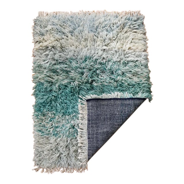Reversible Blue Ombré Ultra Shag Moroccan Wool Rug With Navy Striped Back 5x8 For Sale