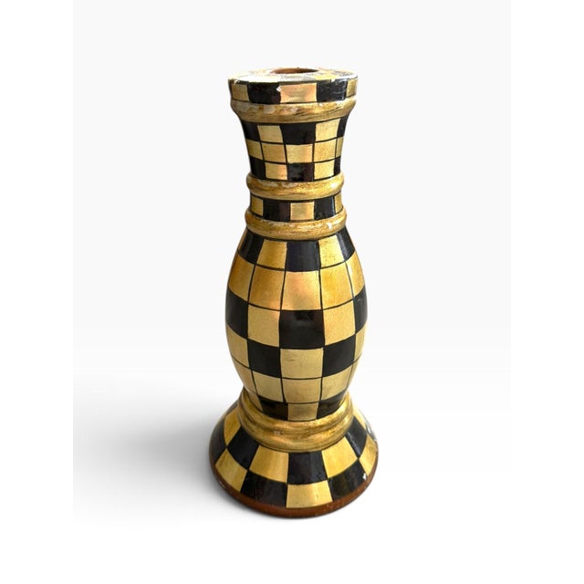 Hollywood Regency Vintage Black & Gold Checkerboard Candlestick | Hand-Painted Decorative Taper Holder For Sale - Image 3 of 6