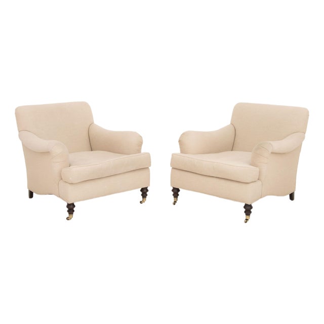 Pair of Edward Ferrell Beige Upholstered Arm Chairs For Sale