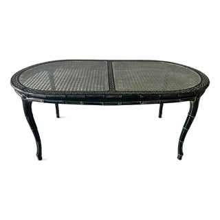 Vintage Chinoiserie Dark Jade Lacquer Faux Bamboo Dining Table With Glass & Woven Panel Top For Sale