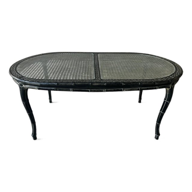 Vintage Chinoiserie Dark Jade Lacquer Faux Bamboo Dining Table With Glass & Woven Panel Top For Sale