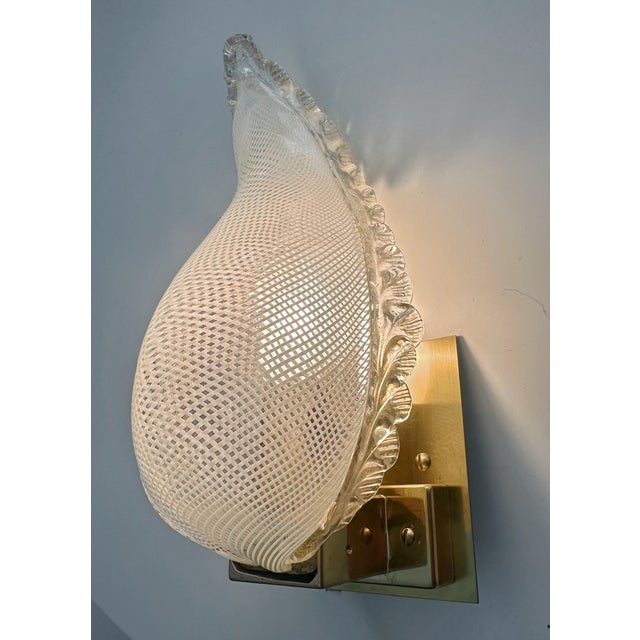 Metal Pair of Murano Latticino Leaf Form Wall Sconces For Sale - Image 7 of 17