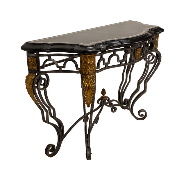 1980s Maitland Smith Tessellated Marble Console Table Wrought Iron Brass French Louis XV Style For Sale - Image 12 of 16