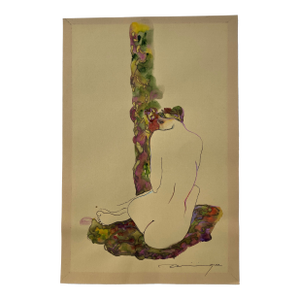 1980’s Original Female Nude Abstract Watercolor Painting Signed