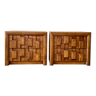 A Pair of 1970s Mid-Century Modern Brutalist Style Two Drawer Nightstands For Sale