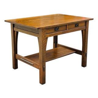 Antique Arts & Crafts Mission Oak Two Drawer Library Table by Gustav Stickley For Sale