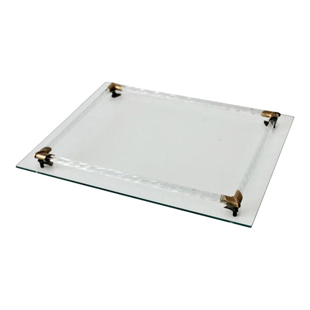 Murano Style Glass Vanity Tray Brass Twisted Lanyard Vintage Mid-Century For Sale