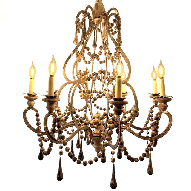Antique French Painted Wooden Bead and Iron Chandelier - 8 Lights For Sale - Image 10 of 10