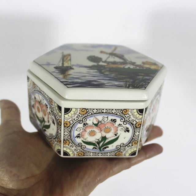 Mid 20th Century Vintage Ceramic Trinket Box Flowers Windmill Holland Signed Hand Painted Delft Polychrome For Sale - Image 5 of 9