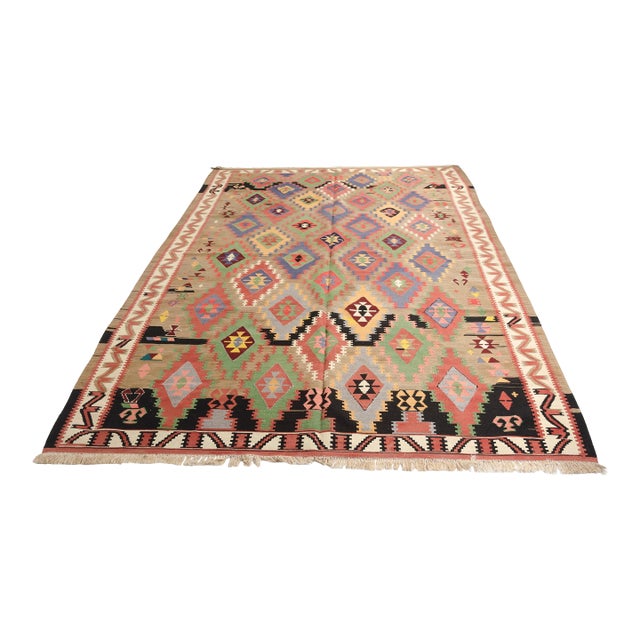 1960s Central Diamond Medallion Grid With Serrated Borders Kilim For Sale