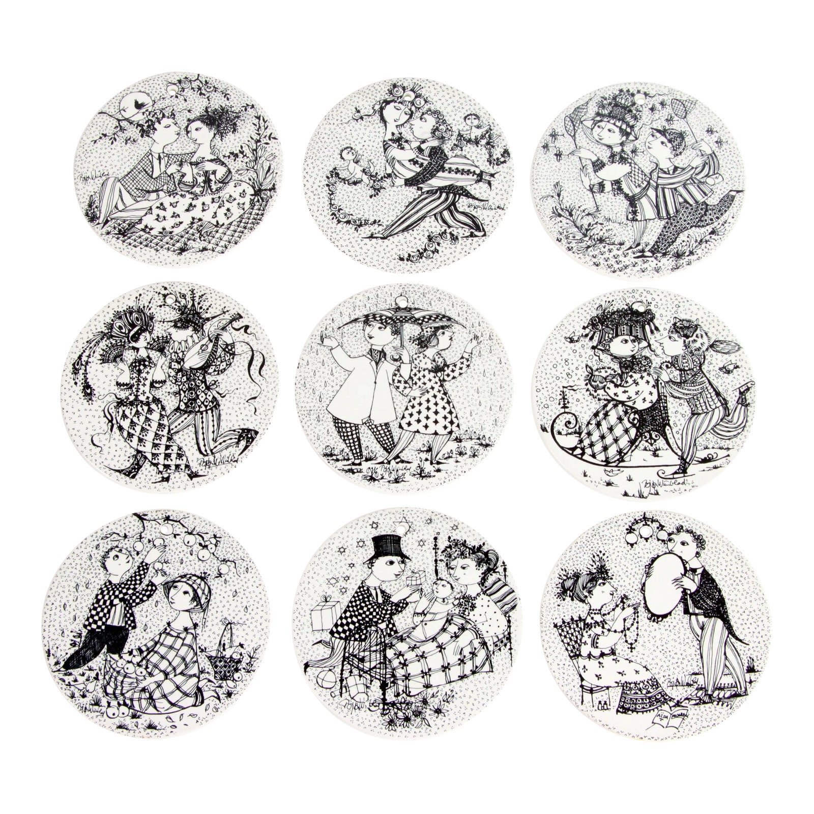 Danish Modern Bjorn Wiinblad for Nymolle Decorative Wall Plates - Set of 9