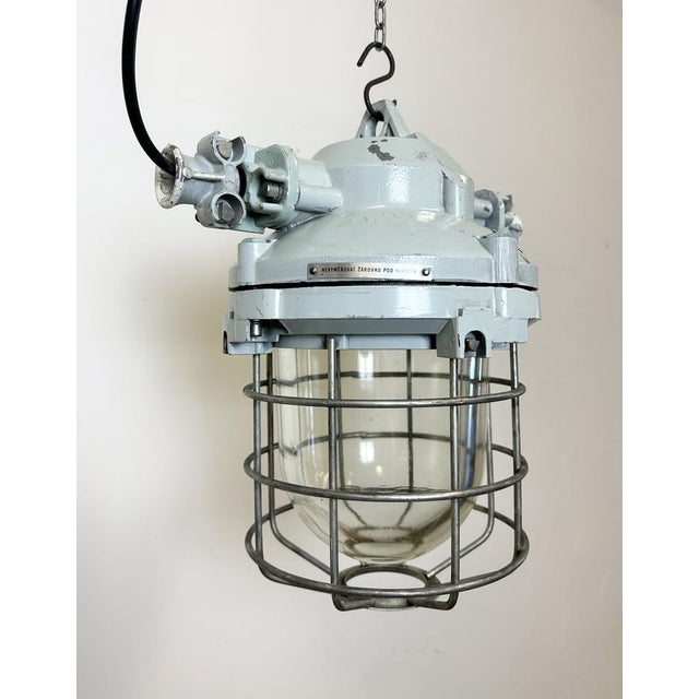 Industrial Grey Bunker Ceiling Light with Iron Cage from Elektrosvit, 1970s For Sale - Image 6 of 16
