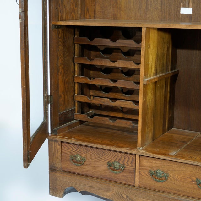 Brown Antique Carved Oak Double Door Bookcase with Wine Rack 1920 For Sale - Image 8 of 12