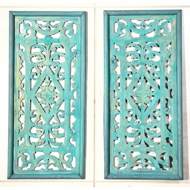 Turquoise Pair of Antique Solid Brass Openwork Wall Hangings / Architectural Grilles For Sale - Image 8 of 17