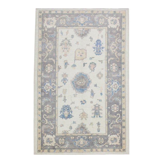 Turkish Oushak Rug Gray & Soft Blue Handwoven Wool Rug 6'1" X 8'10" For Sale
