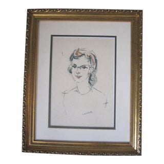 1960s "Laurie" Watercolor and Ink Portrait Painting, Framed For Sale