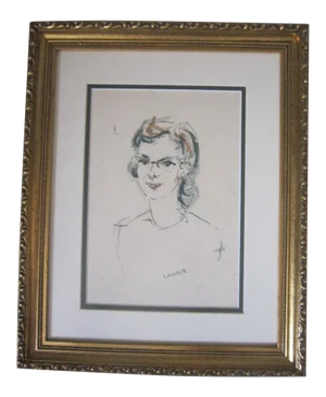 1960s "Laurie" Watercolor and Ink Portrait Painting, Framed