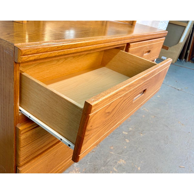 Vintage Modern Solid Oak Six-Drawer Dresser W/ Tri-Fold Mirror For Sale - Image 11 of 17