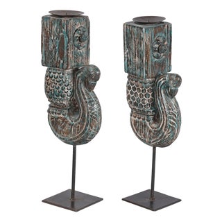 Antique Peacock Carved Corbel Repurposed 22 In. Tall Set of 2 Candle Holders - Pair For Sale