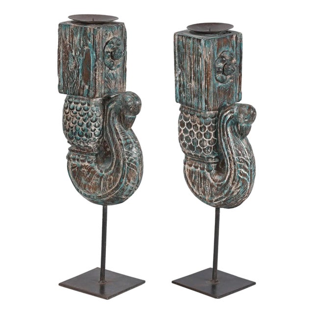 Antique Peacock Carved Corbel Repurposed 22 In. Tall Set of 2 Candle Holders - Pair For Sale