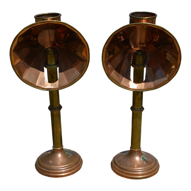 Vintage Sarreid Korea Copper & Brass Reflector Candle Stick Student Lamps Lights - a Pair For Sale